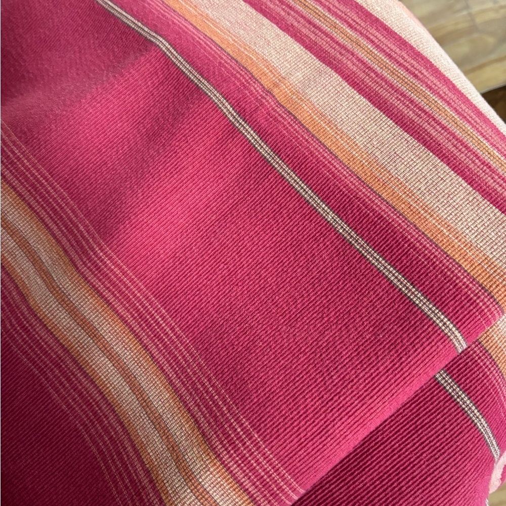 Pottery Barn Blackout Curtain Panels in Spice Sunset Stripe. Red Gold Rod Pocket